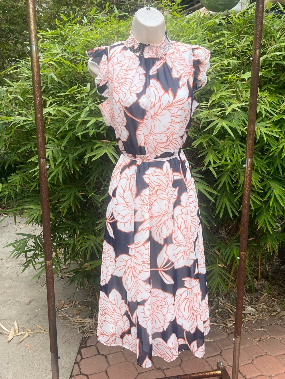 Nina Leonard Navy Midi Dress with Coral Floral Print